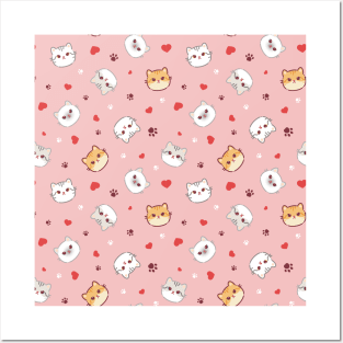 Seamless pattern of a cute different cats, hearts and animal's paws Posters and Art